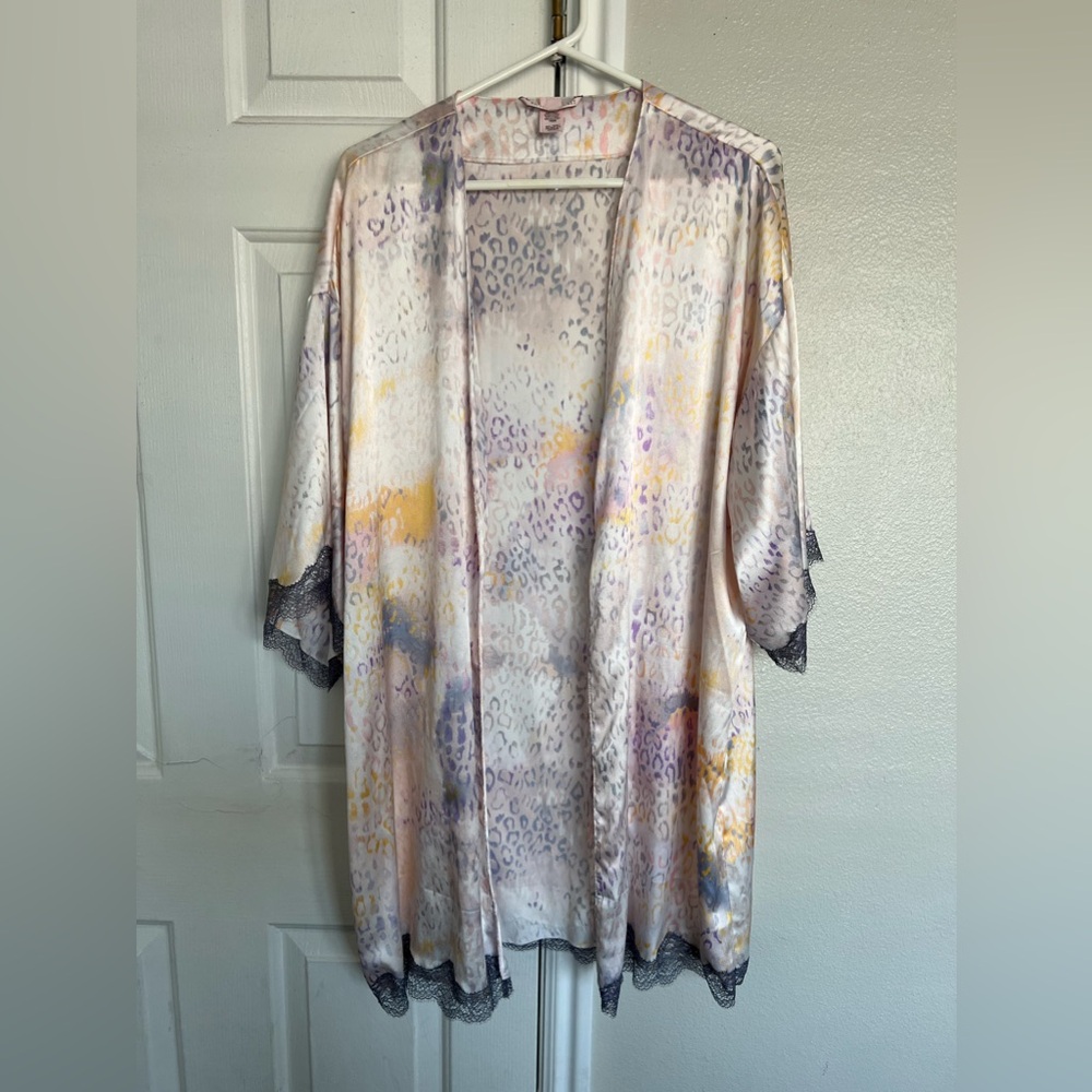 Victoria’s Secret Robe Pastel Animal Print Satin Feel Lace Trim